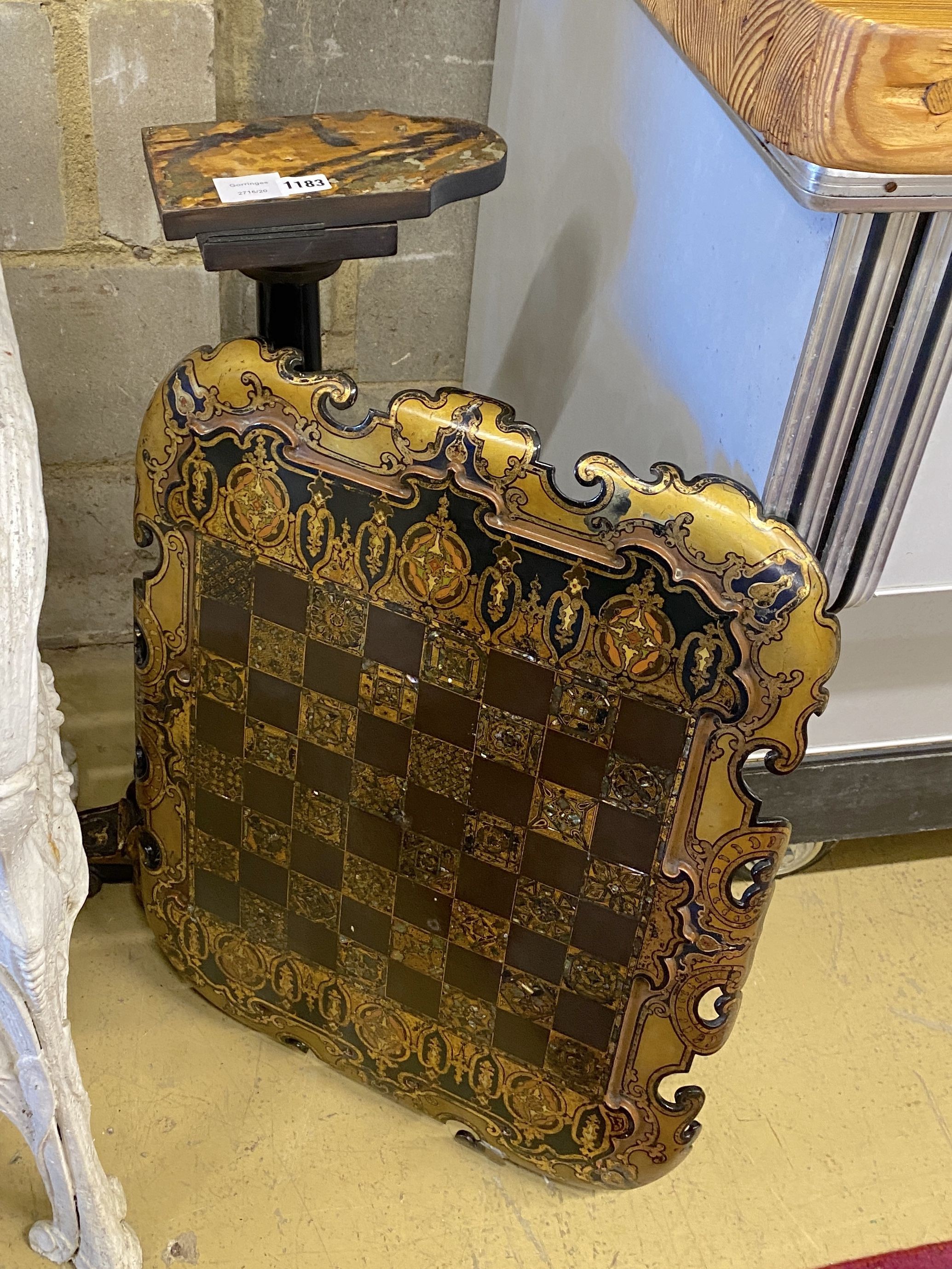 A Victorian Jennens and Bettridge papier mache tilt top games table, width 63cm, depth 50cm, height 70cm